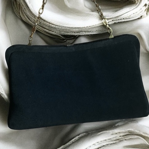 Vintage Black Fabric & Gold Evening Bag Clutch Purse Handbag Gold Latch Frame - Picture 4 of 9